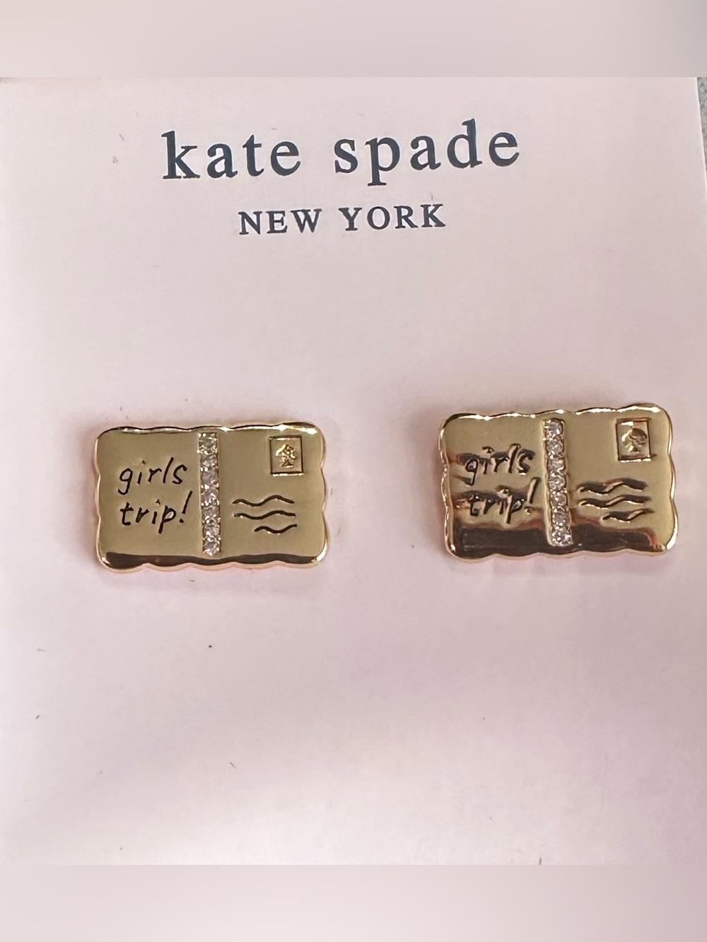 Kate Spade Gold 'girls trip!' Postcard Stud Earrings- Brand New